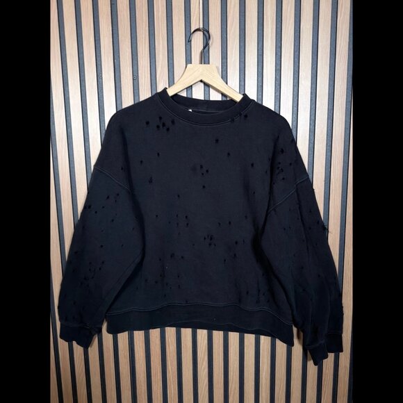 Sandro Sweatshirt Small Womens Black Fleece Pullover Destroyed Distressed Tears - Picture 1 of 10